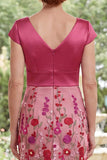 Fuchsia Mermaid Floral V-Neck Long Mother Of the Bride Dress with Cap Sleeves