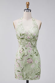Sage Green Halter Neck Sheer Corset Bodycon Embroidered Homecoming Dress