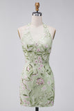 Sage Green Halter Neck Sheer Corset Bodycon Embroidered Homecoming Dress