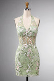 Sage Green Halter Neck Sheer Corset Bodycon Embroidered Homecoming Dress