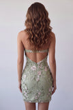 Sage Green Halter Neck Sheer Corset Bodycon Embroidered Homecoming Dress