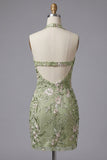 Sage Green Halter Neck Sheer Corset Bodycon Embroidered Homecoming Dress