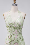 Sage Green Halter Neck Sheer Corset Bodycon Embroidered Homecoming Dress