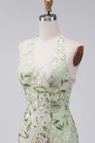 Sage Green Halter Neck Sheer Corset Bodycon Embroidered Homecoming Dress