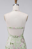 Sage Green Halter Neck Sheer Corset Bodycon Embroidered Homecoming Dress