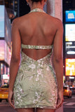 Sage Green Halter Neck Sheer Corset Bodycon Embroidered Homecoming Dress