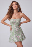 Strapless Sage Green Bodycon Embroidered Homecoming Dress with Ruffles
