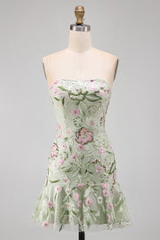 Strapless Sage Green Bodycon Embroidered Homecoming Dress with Ruffles