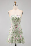 Strapless Sage Green Bodycon Embroidered Homecoming Dress with Ruffles