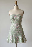 Strapless Sage Green Bodycon Embroidered Homecoming Dress with Ruffles