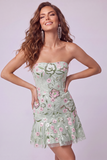 Strapless Sage Green Bodycon Floral Embroidery Homecoming Dress with Ruffles