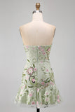 Strapless Sage Green Bodycon Embroidered Homecoming Dress with Ruffles