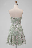 Strapless Sage Green Bodycon Embroidered Homecoming Dress with Ruffles