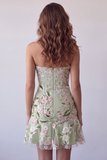 Strapless Sage Green Bodycon Floral Embroidery Homecoming Dress with Ruffles