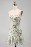 Strapless Sage Green Bodycon Embroidered Homecoming Dress with Ruffles