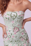 Strapless Sage Green Bodycon Floral Embroidery Homecoming Dress with Ruffles