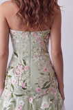 Strapless Sage Green Bodycon Floral Embroidery Homecoming Dress with Ruffles