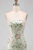Strapless Sage Green Bodycon Embroidered Homecoming Dress with Ruffles