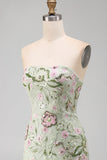 Strapless Sage Green Bodycon Embroidered Homecoming Dress with Ruffles