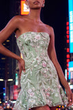 Strapless Sage Green Bodycon Embroidered Homecoming Dress with Ruffles