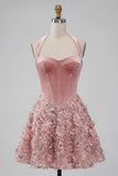 A-Line Pink Halter Neck Corset Floral Sequins Homecoming Dress with Appliques