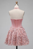 A-Line Pink Halter Neck Corset Floral Sequins Homecoming Dress with Appliques