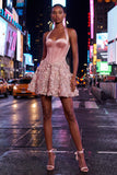 A-Line Pink Halter Neck Corset Floral Sequins Homecoming Dress with Appliques
