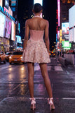 A-Line Pink Halter Neck Corset Floral Sequins Homecoming Dress with Appliques