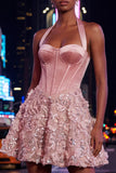 A-Line Pink Halter Neck Corset Floral Sequins Homecoming Dress with Appliques