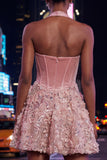A-Line Pink Halter Neck Corset Floral Sequins Homecoming Dress with Appliques
