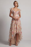 Champagne A-Line Tulle Corset Embroidered Floral High-Low Mother Of the Bride Dress