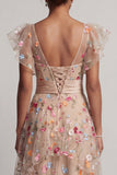 Champagne A-Line Tulle Corset Embroidered Floral High-Low Mother Of the Bride Dress