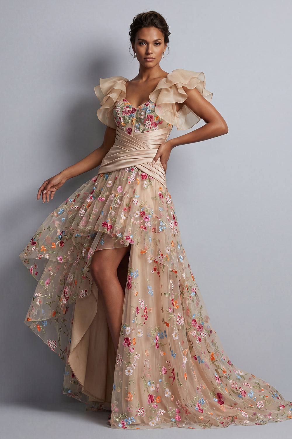 ZAPAKA Women Champagne A-Line Mother Of the Bride Dress with Flutter Sleeves Tulle Ruched Corset Embroidered High-Low Floral Wedding Guest Dress, ZAPAKA Women Champagne A-Line Mother Of the Bride Dress with Flutter Sleeves Tulle Ruched Corset Embroidered High-Low Floral Wedding Guest Dress,