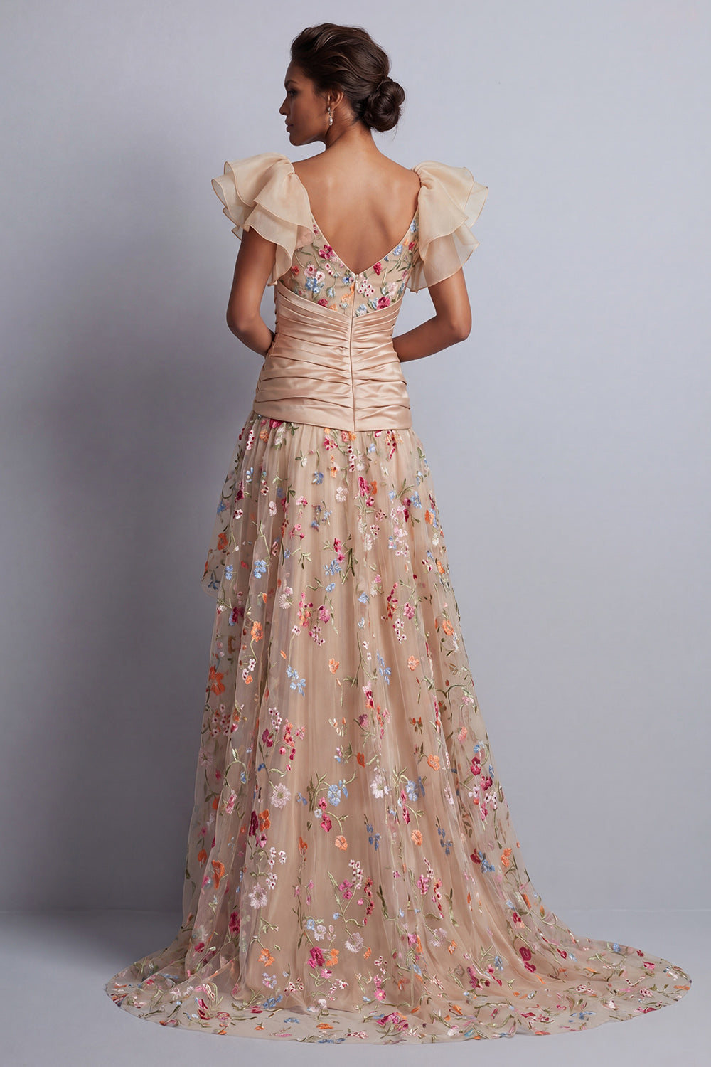 ZAPAKA Women Champagne A-Line Mother Of the Bride Dress with Flutter Sleeves Tulle Ruched Corset Embroidered High-Low Floral Wedding Guest Dress, ZAPAKA Women Champagne A-Line Mother Of the Bride Dress with Flutter Sleeves Tulle Ruched Corset Embroidered High-Low Floral Wedding Guest Dress,