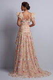 High-Low Champagne A-Line Tulle Corset Embroidered Floral Mother Of the Bride Dress