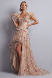 High-Low Champagne A-Line Tulle Corset Embroidered Floral Mother Of the Bride Dress