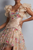 High-Low Champagne A-Line Tulle Corset Embroidered Floral Mother Of the Bride Dress