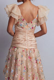High-Low Champagne A-Line Tulle Corset Embroidered Floral Mother Of the Bride Dress