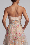 Off the Shoulder Champagne A-Line Tulle Corset Floral Mother Of the Bride Dress