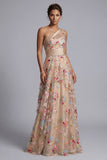 One Shoulder Champagne A-Line Tulle Tiered Ruched Floral Mother Of the Bride Dress