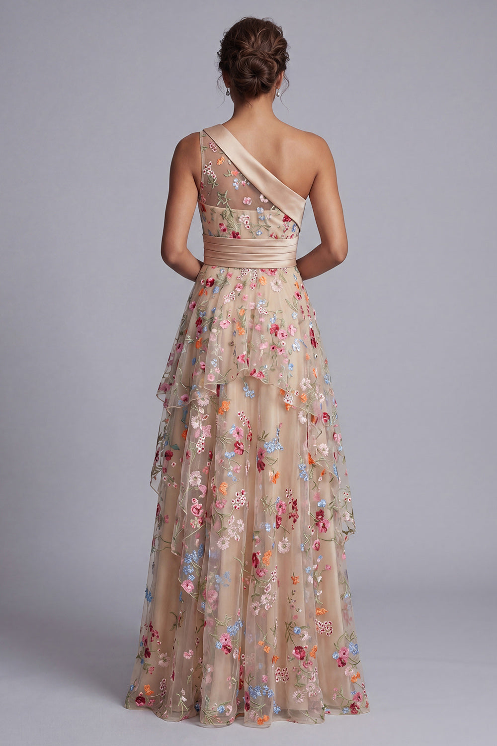 ZAPAKA Women Champagne A-Line Mother Of the Bride Dress One Shoulder Tulle Tiered Ruched Embroidered Floral Long Wedding Guest Dress, Champagne / US6