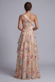 One Shoulder Champagne A-Line Tulle Tiered Ruched Floral Mother Of the Bride Dress