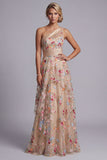 One Shoulder Champagne A-Line Tulle Tiered Ruched Floral Mother Of the Bride Dress