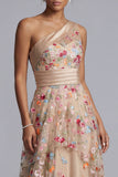 One Shoulder Champagne A-Line Tulle Tiered Ruched Floral Mother Of the Bride Dress