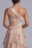 One Shoulder Champagne A-Line Tulle Tiered Ruched Floral Mother Of the Bride Dress