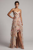 Sweetheart Champagne A-Line Corset Tulle High-Low Floral Mother Of the Bride Dress