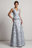 Dusty Blue A Line V-Neck Long Jacquard Floral Mother of the Bride Dress