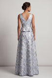 Dusty Blue A Line V-Neck Long Jacquard Floral Mother of the Bride Dress