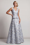 Dusty Blue A Line V-Neck Long Jacquard Floral Mother of the Bride Dress