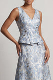 Dusty Blue A Line V-Neck Long Jacquard Floral Mother of the Bride Dress